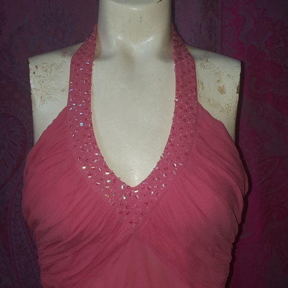 2/$35 Bebe Coral Pink Beaded Ruched Silk Halter Top - Picture 4 of 16